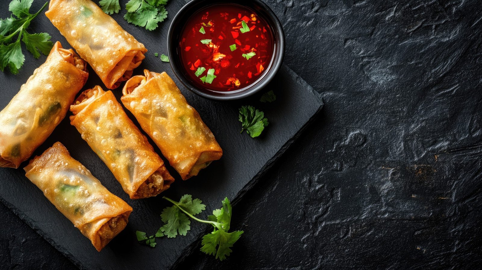Crispy fried spring rolls with dipping sauce, close-up top view, golden texture and appetizing presentation Crispy fried spring rolls with dipping sauce, close-up top view, golden texture and appetizing presentation